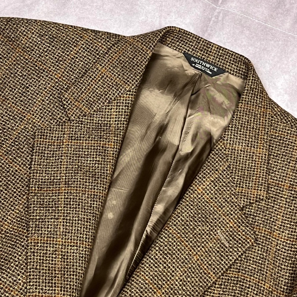 Southwick Sport Coat Mens 46 Reg Brown Check Blazer Made in USA Excellent Notch